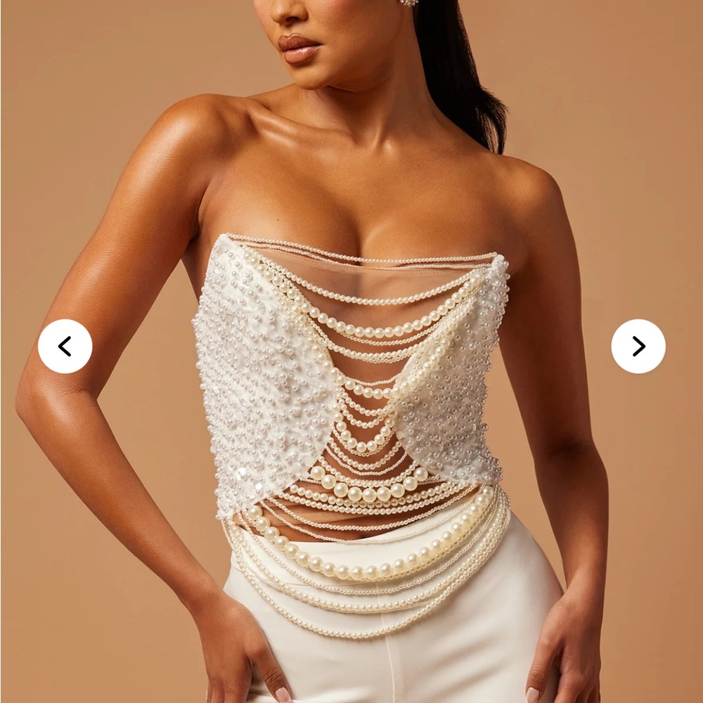 White Pearl Embellished Strapless Top with Skinny Pants Set